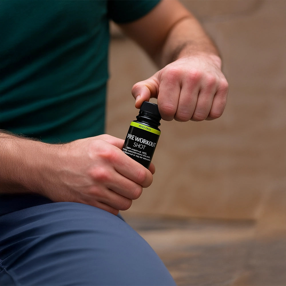 Løber holder PurePower Pre-Workout Shot Cola/Lime før løb for fokus og energi