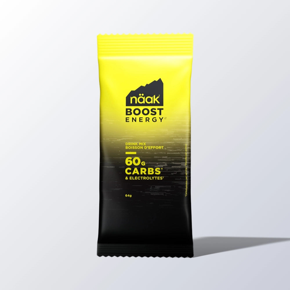 näak Boost Energy Drink Mix Neutral 1 portion – produktpakke i gult og sort design